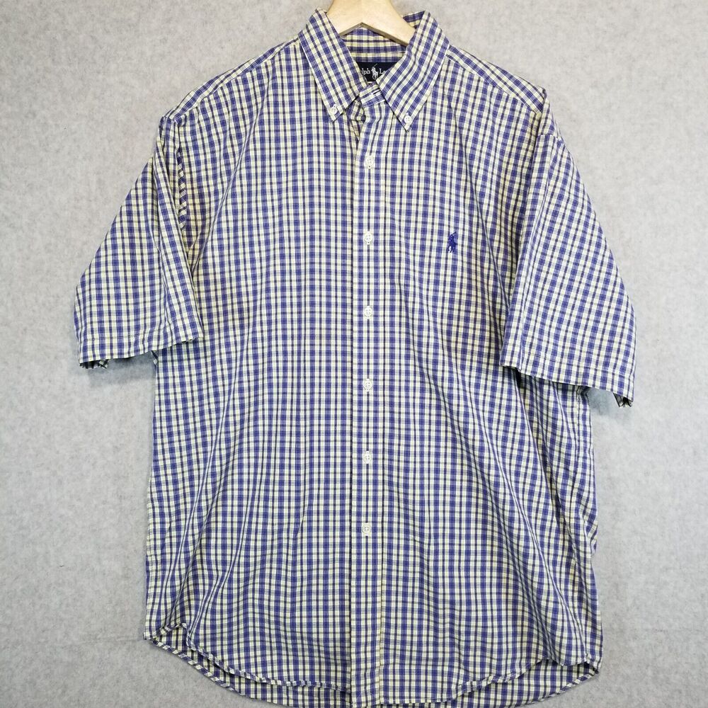 POLO RALPH LAUREN Size L Mens Yellow Blue Check Blake Cotton Button Down Shirt